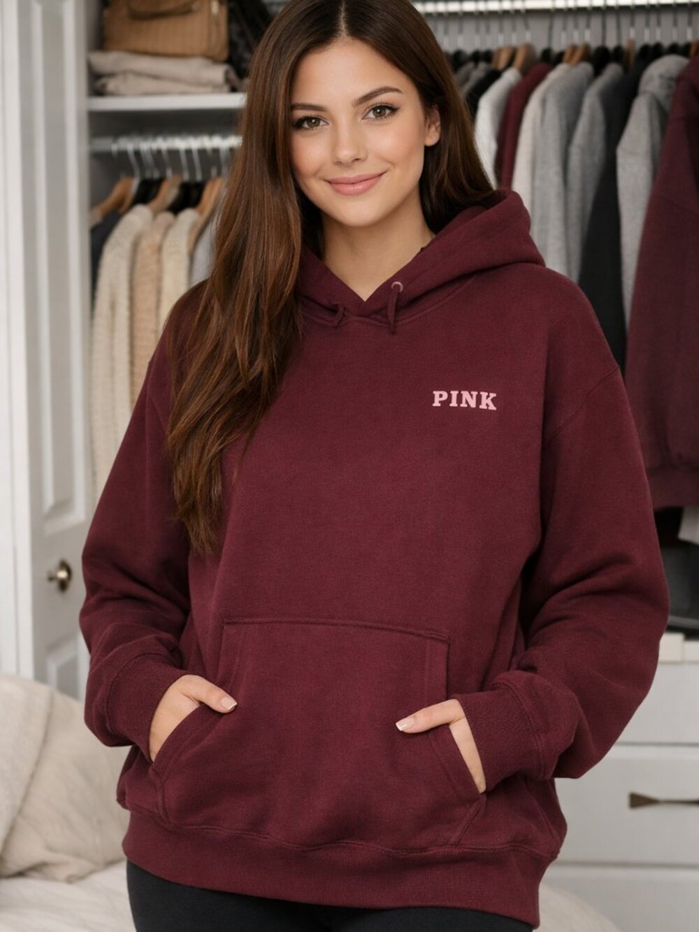 “Victoria’s Secret PINK Ivy Campus Fleece Hoodie – Wild Rose Burgundy – XXL  NWT